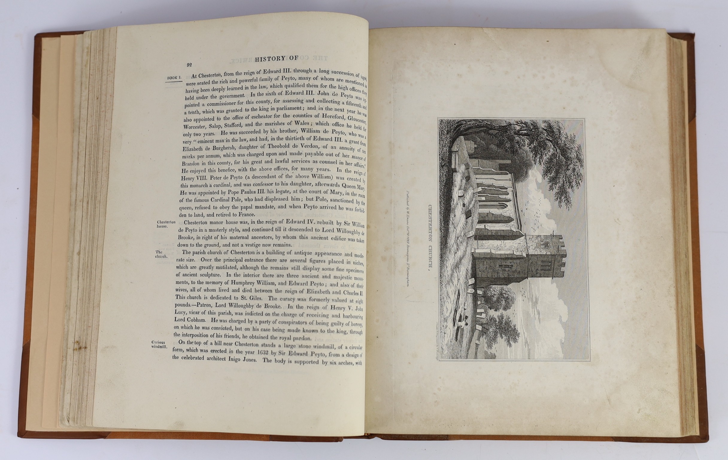 WARWICKSHIRE - Smith, William - A New & Compendious, History of the County of Warwick, 4to, rebound half calf, with engraved title, map and 60 plates (mostly stained), W. Evans, Birmingham, 1830